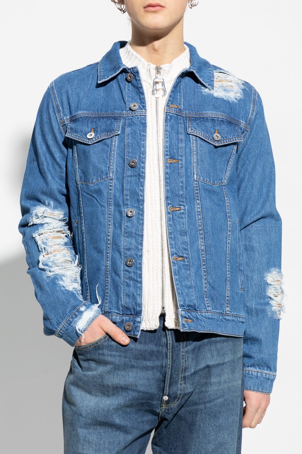 Light blue distressed hot sale denim jacket mens